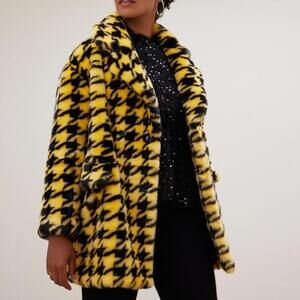 akke Zadie Houndstooth Jacket is vibrant yellow  black faux fur coat Sz 8 #1224